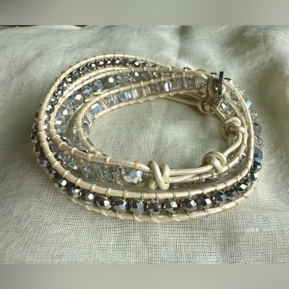 Victoria Emerson NWOT Silver Beaded and Cream Metallic Leather 3 Wrap Bracelet